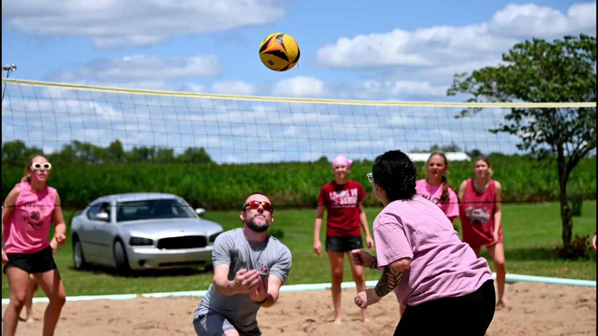 A rally on the sand volleyball court, the ball above the net and the cornfield behind.